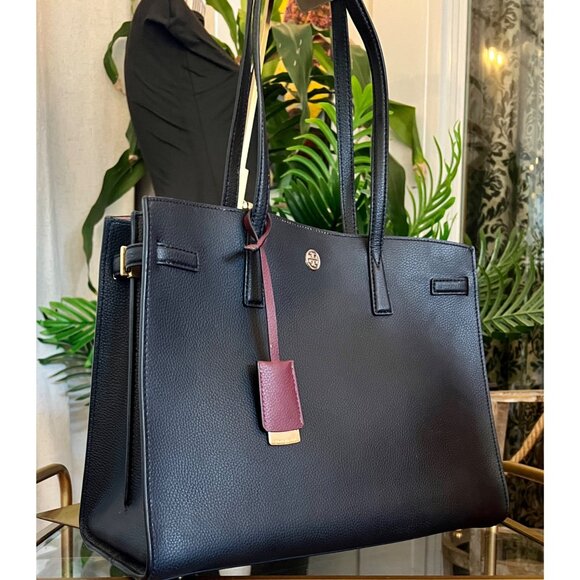 Tory Burch Walker Robinson Black Leather Tote Bag With Burgundy Tag & Gold Hardw - Picture 5 of 11